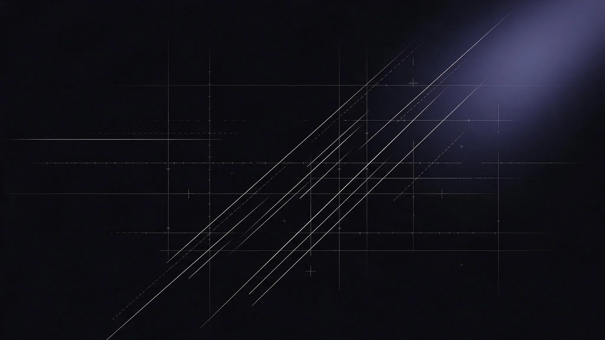 Composición geométrica abstracta en tono casi negro con líneas finas tipo blueprint, referencia visual de velocidad y precisión